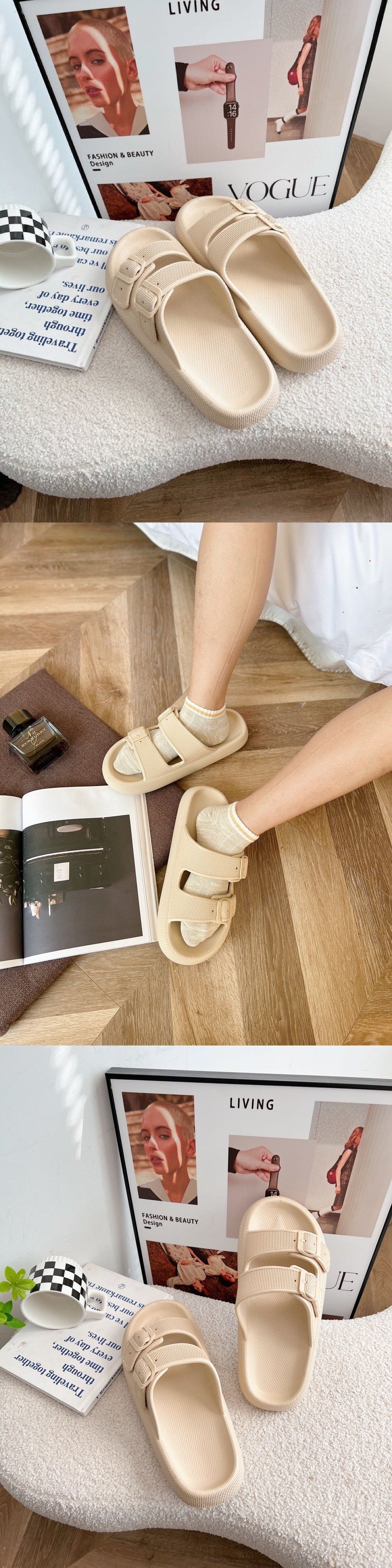 2026 New Thick-Soled Slippers, Wear-Resistant Double Buckle Eva Sandals, Couple's Summer Women's Outdoor and Indoor Slippers with a Soft Cushioning Feel