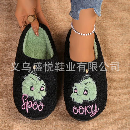 Cross-Border Halloween Embroidered Pattern Green Skull Home Comfortable Warm Cotton Slippers for Winter Couples