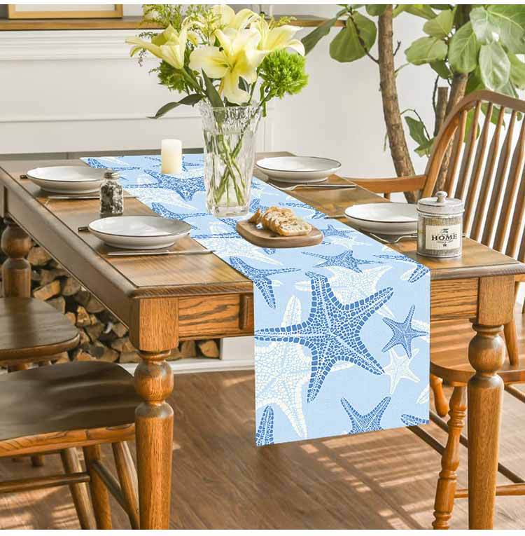 Cross-border New Blue Bottom Starfish Table Runner Linen Printed Kitchen Dining Table Tablecloth Home Fabric Tablecloth Cushion Coffee Table Meal