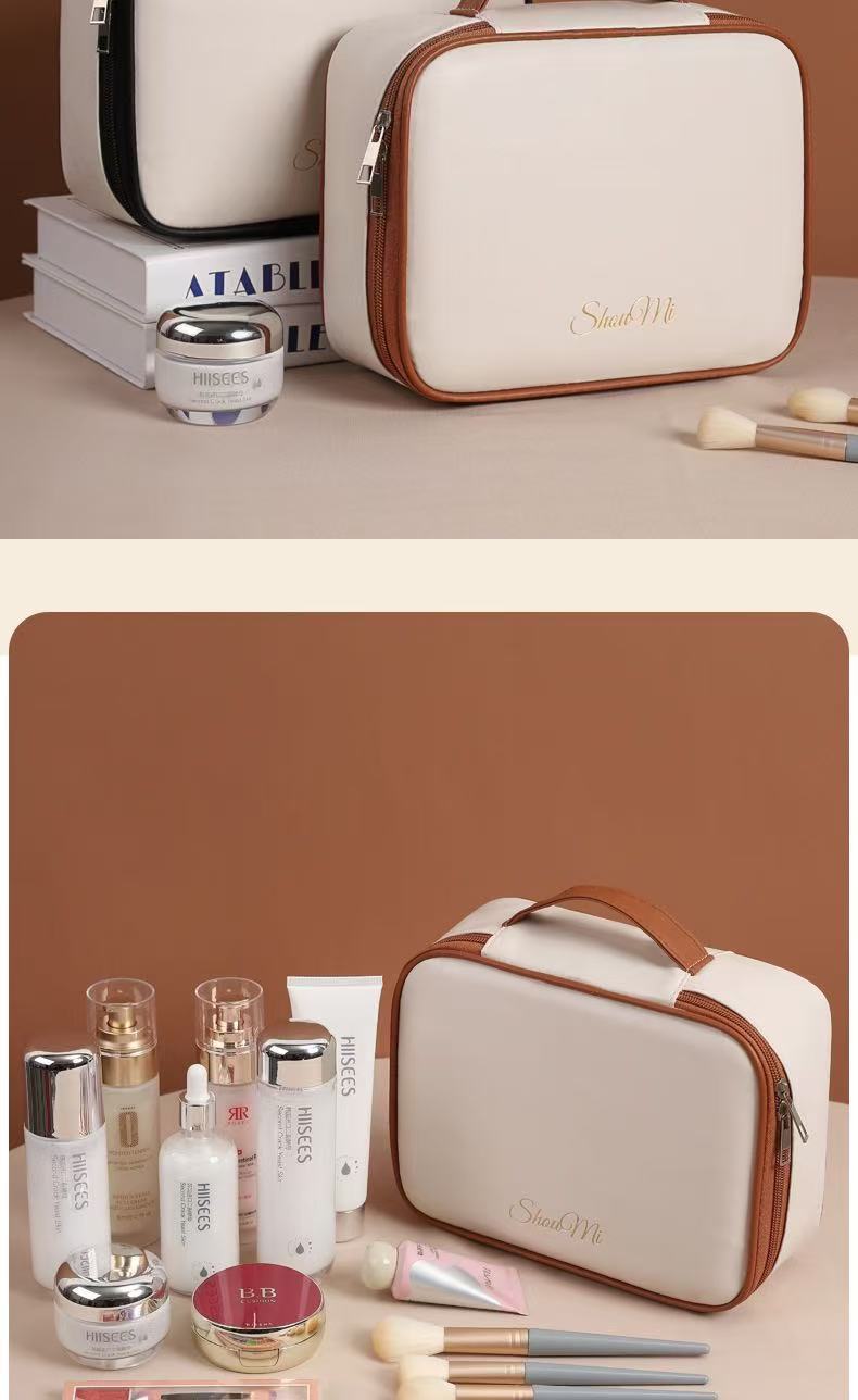 Multifunctional Partitioned Storage Pu Cosmetic Bag, Large Capacity, High-End Feel, Portable Hand-Held Makeup Brush Storage Bag