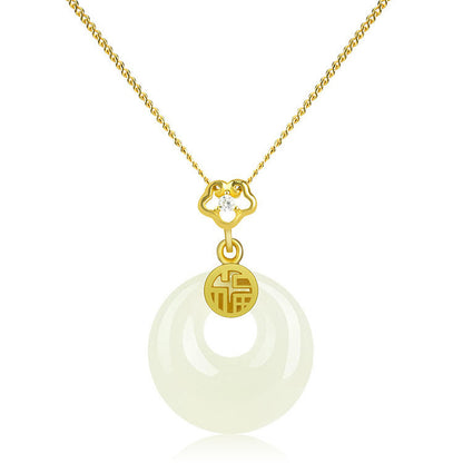 S925 Sterling Silver Hetian Jade Necklace for Women, Chinese Style with the Character for Fortune, Versatile Light Luxury Collarbone Chain, Elegant Gift Accessory, Jade