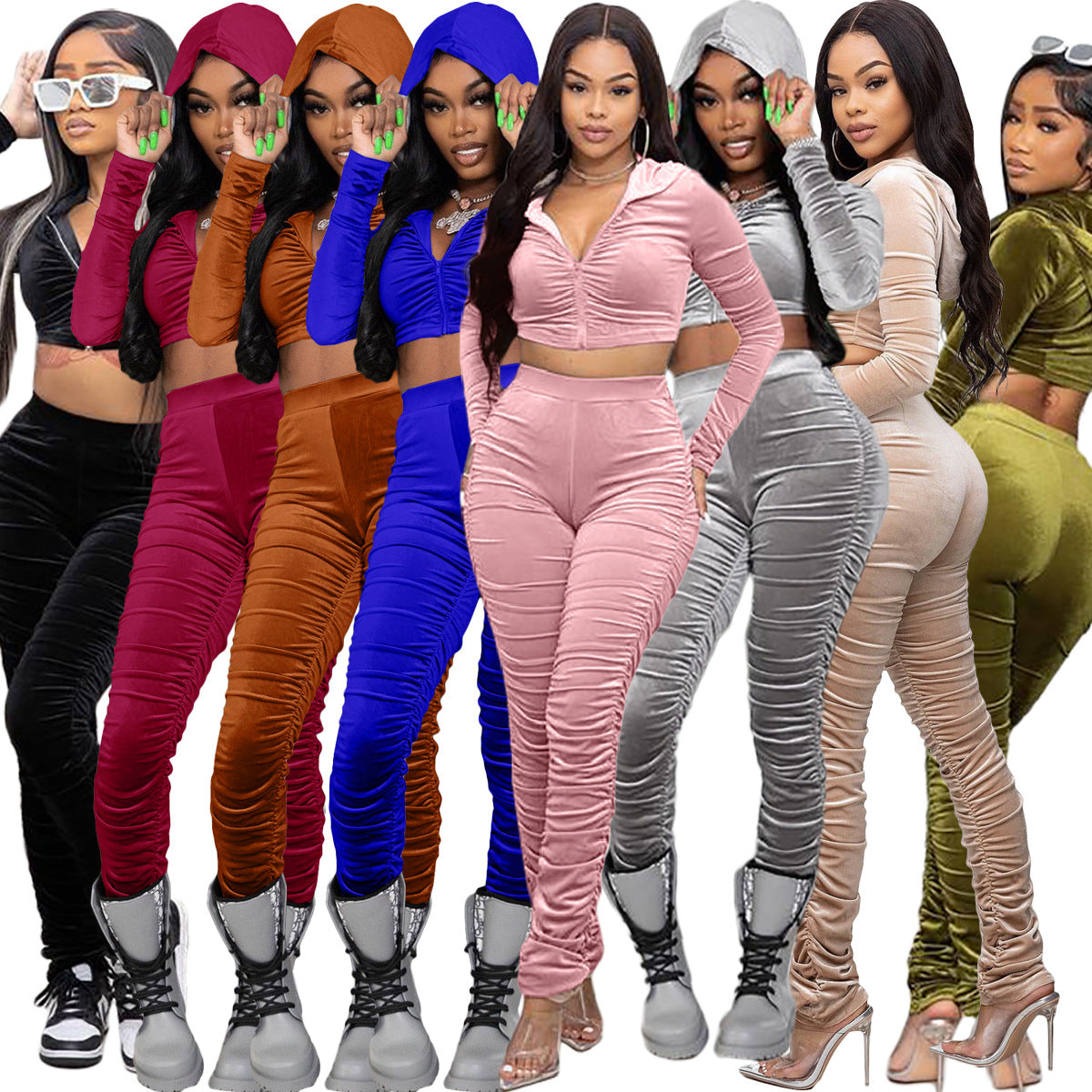 F185 European and American Women's Clothing Amazon Spring Two-piece Korean Velvet Solid Color Long Sleeve Navel Pleated Sports Suit