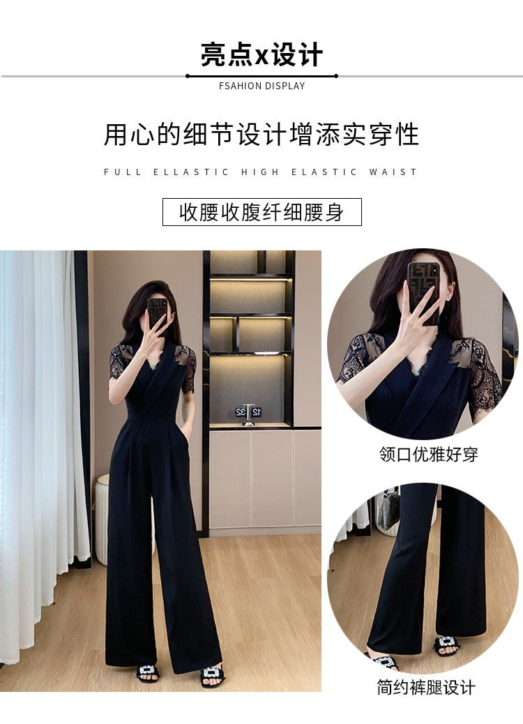 Cross-border High Leng Yujie Style Pants Women's Summer Short-sleeved High Waist Lace Stitching Hollow-out Pants Straight Pants