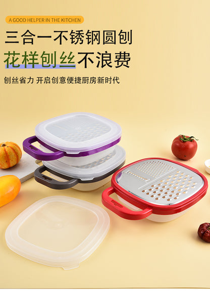 Multi-functional three-in-one stainless steel round planer with lid and bottom box melon Planer melon fruit vegetable grater radish shredder