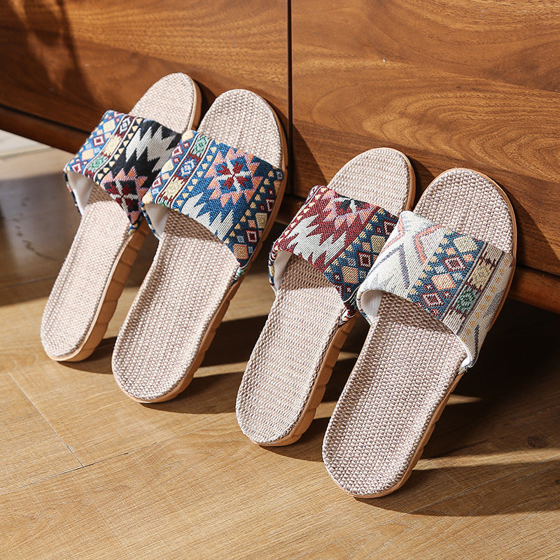 Four Seasons Home Linen Slippers Fashion Printed Thick Sole Non-Slip Sweat-Absorbent Wear-Resistant Large Sole Couple Linen Slippers Ethnic Style