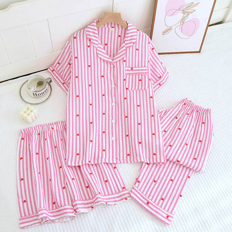 Various Style Spring and Summer Cotton Crepe Pajamas Sweet Three-Piece Short-Sleeved Trousers Spring and Autumn Loose Casual suit