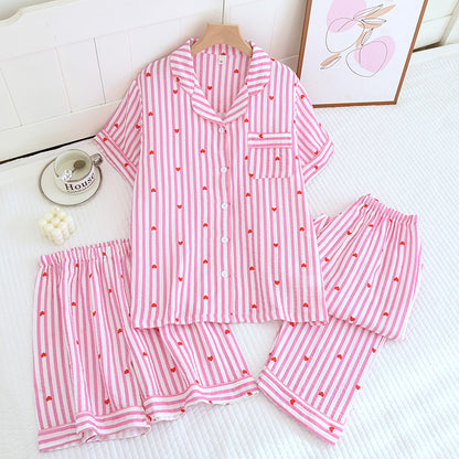 Various Style Spring and Summer Cotton Crepe Pajamas Sweet Three-Piece Short-Sleeved Trousers Spring and Autumn Loose Casual suit
