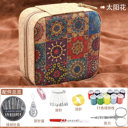 Retro Style Imitation Pu Leather Square Sewing Box Household Sewing and Mending Needle and Thread Set Portable Daily Essential Sewing Kit