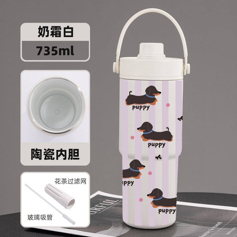 Cross-border high-value 316 stainless steel thermos cup large-capacity double-drink ceramic liner car cup portable handle cup