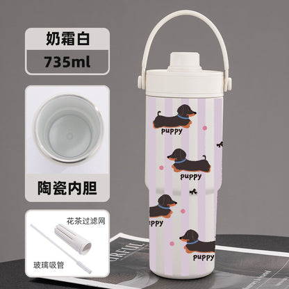 Cross-border high-value 316 stainless steel thermos cup large-capacity double-drink ceramic liner car cup portable handle cup