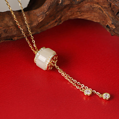 Source Factory S925 Sterling Silver Necklace Hetian Jade Passepartout Small Waist Tassel Pendant Summer Light Luxury Niche Accessories