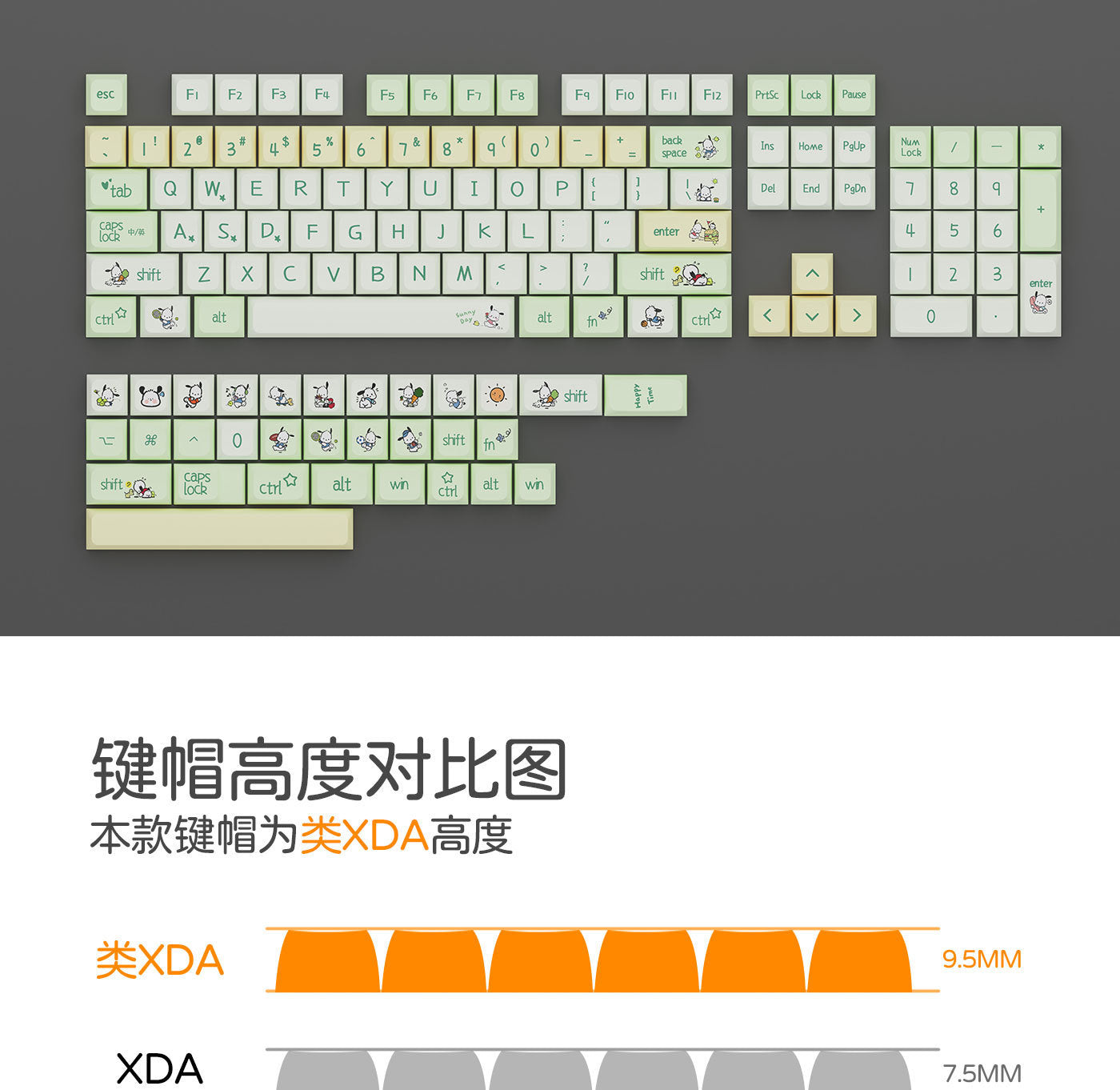 XDA Height Pacha Dog Theme Pattern Yellow Green Keycap Thermal Sublimation Mechanical Keyboard Cap Small Full Set PBT Keycap
