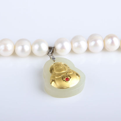 8-9 Natural Freshwater Pearl Necklace, Gold-Inlaid Jade Small Buddha Jade Necklace, Gift for Mom on Mother's Day