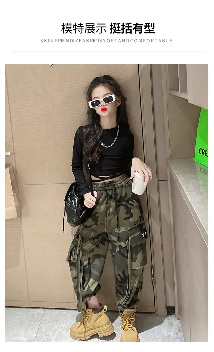 Girls Camouflage Pants Kids Fashion Casual High waisted wide leg pants 2025 Spring Fall ClothesTeen Girl Trousers 8 10 12 14Y