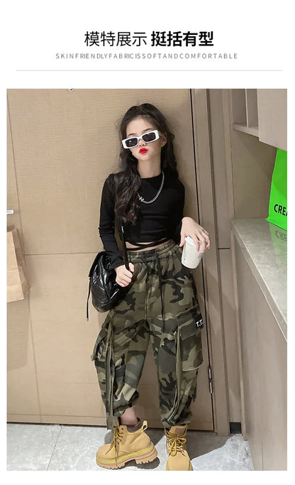 Girls Camouflage Pants Kids Fashion Casual High waisted wide leg pants 2025 Spring Fall ClothesTeen Girl Trousers 8 10 12 14Y