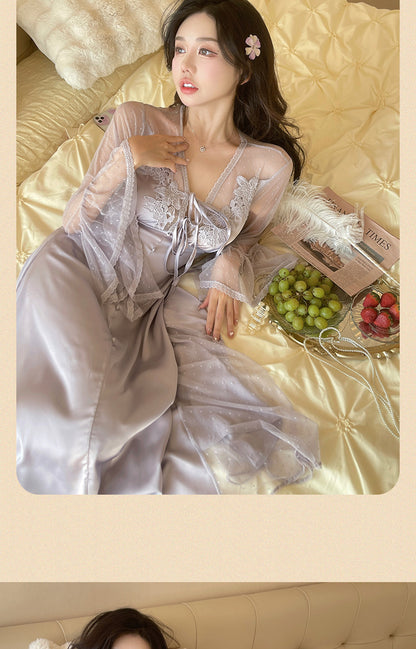 Sexy Pajamas Women's dress Ice Silk French Court with Chest Pad Pure Desire Fairy Nightdress 2025 New Summer