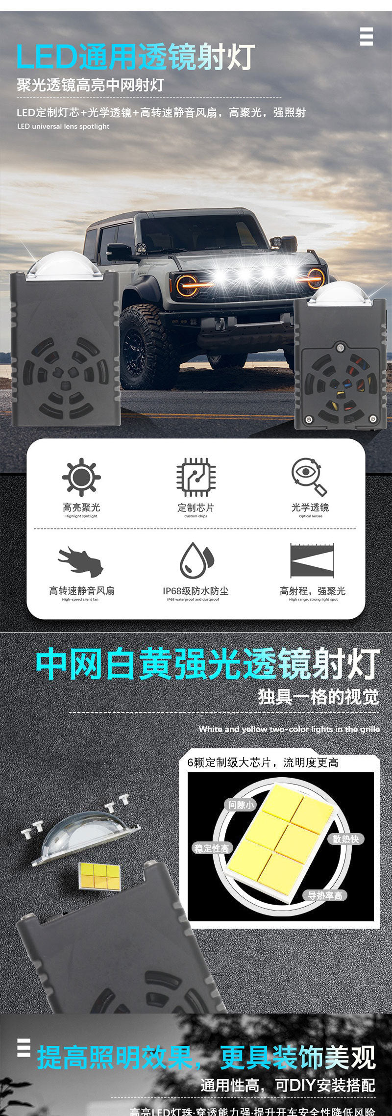 Car grille lamp middle grid lamp car led middle grid double color spotlight motorcycle led spotlight car l ed headlight