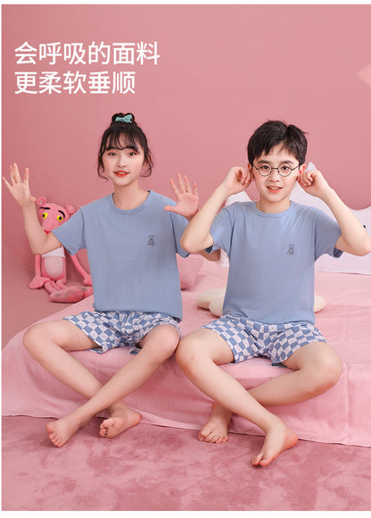 Children's Pajamas, Pure Cotton, Summer Short-Sleeved Shorts Set for Boys, Home Clothes for Girls, Air-Conditioned Clothes for Middle-Aged and Older Boys