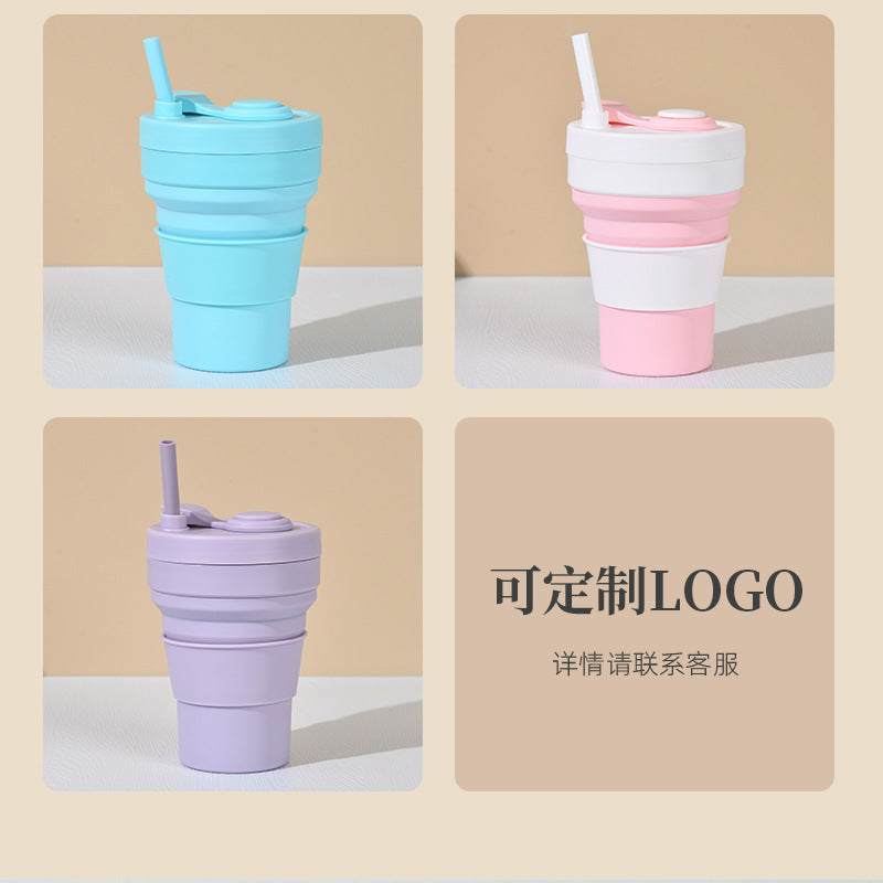 Cross-border folding cup outdoor travel convenient straw folding cup Silicone Collapsible Cup