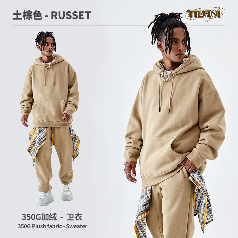 Tilani Men's Clothing European and American Trendy Brand High Quality 350g Fleece-Lined Thick Men's and Women's Hooded Sweatshirt and Sweatpants Pure Color Suit