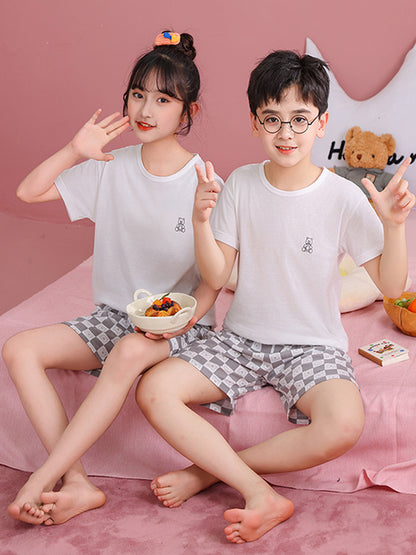 Children's Pajamas, Pure Cotton, Summer Short-Sleeved Shorts Set for Boys, Home Clothes for Girls, Air-Conditioned Clothes for Middle-Aged and Older Boys