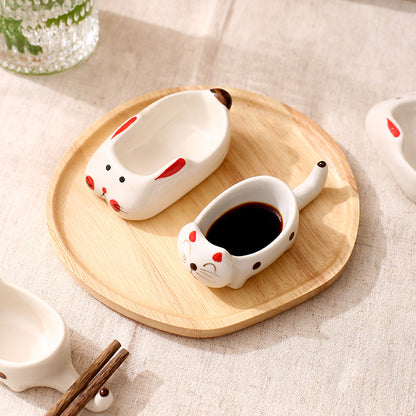 Creative Cartoon-Style Ceramic Dish with Chopstick Holder, Small Household Dish, Seasoning Dish, Hot Pot Dipping Dish, Condiment Dish