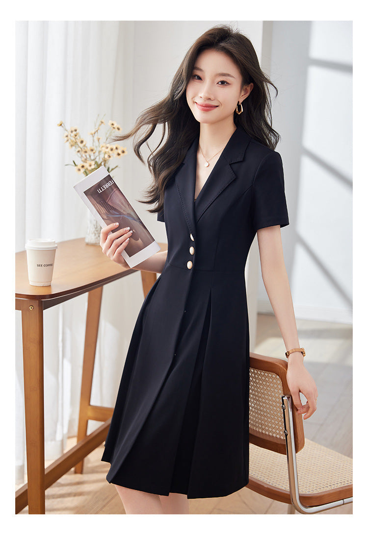 [Elegant Long Skirt] V-neck Short-sleeved dress High-end Work Clothes Mid-length Skirt Spring and Summer Business Wear Uniform