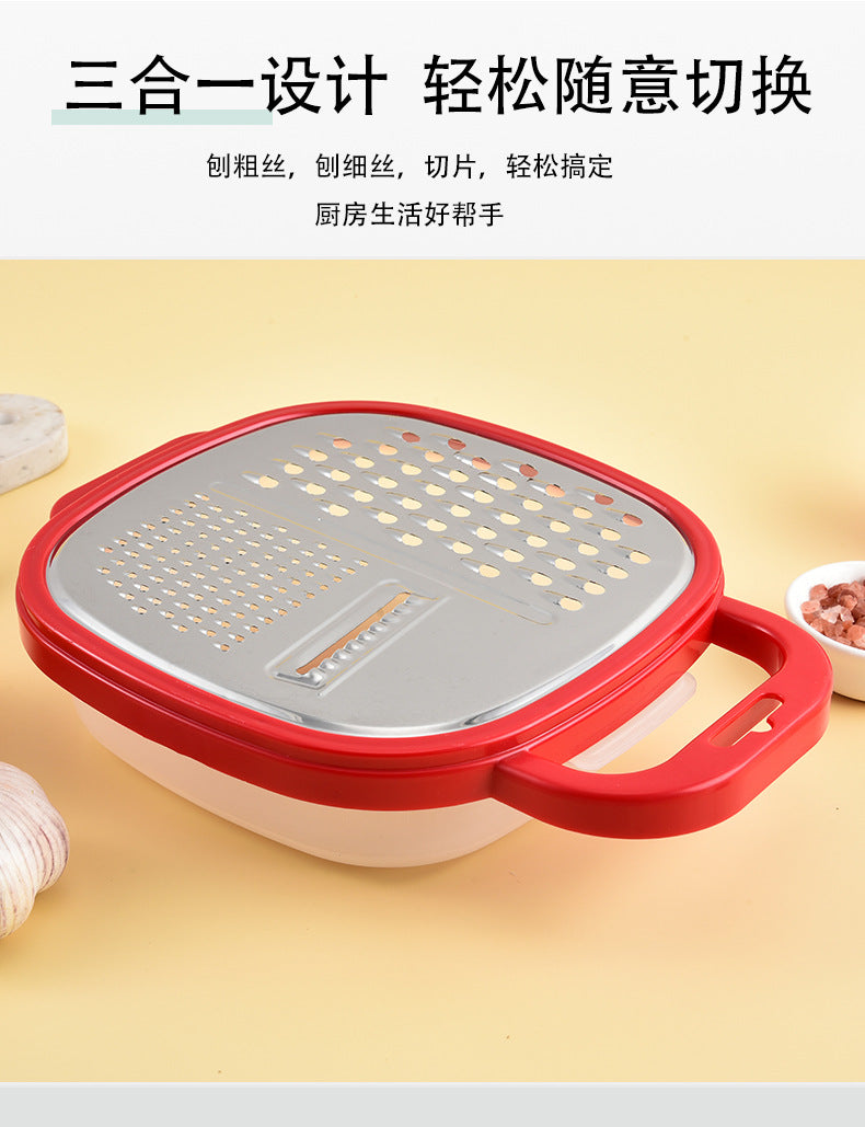 Multi-functional three-in-one stainless steel round planer with lid and bottom box melon Planer melon fruit vegetable grater radish shredder