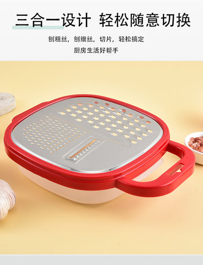 Multi-functional three-in-one stainless steel round planer with lid and bottom box melon Planer melon fruit vegetable grater radish shredder
