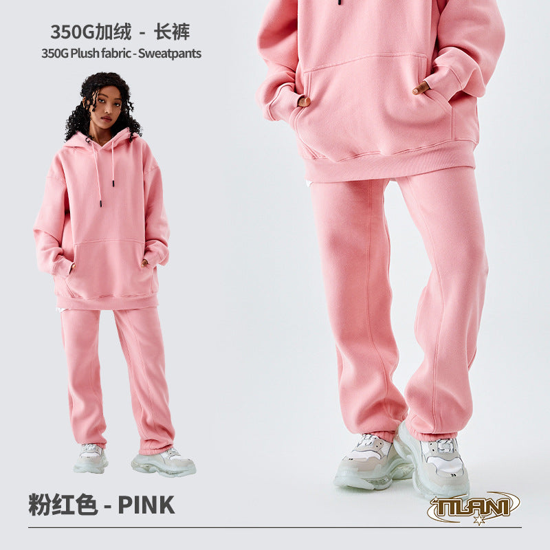 Tilani Men's Clothing European and American Trendy Brand High Quality 350g Fleece-Lined Thick Men's and Women's Hooded Sweatshirt and Sweatpants Pure Color Suit