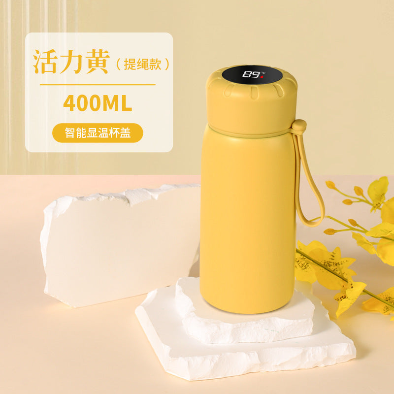 Intelligent temperature display thermos cup 316 stainless steel thermos cup solid color simple flower tea cup women's portable carrying rope accompanying cup