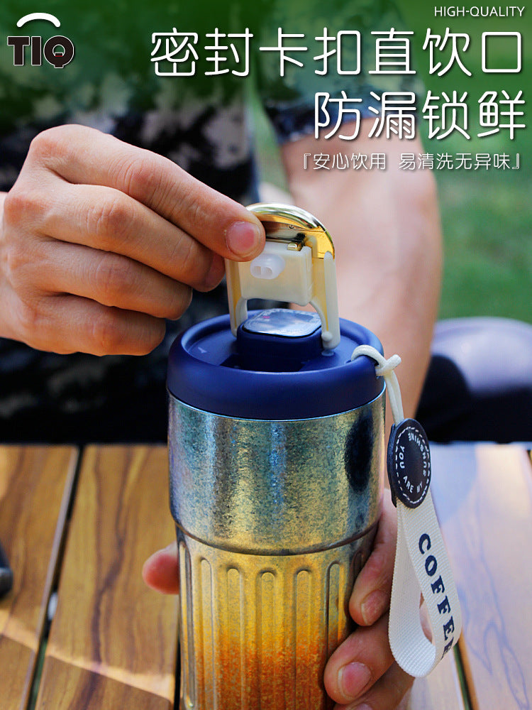 Pure Titanium Insulated Cup with Strap, Coffee Cup, Car-Mounted One-Handed Opening Lid, Antibacterial and Fresh-Keeping Titanium Cup, Fully Titanium Car-Mounted Portable