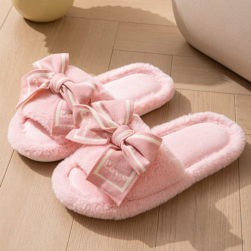 Foreign Trade Cross-Border Open-Toe Furry Bow Women's Indoor Home Wooden Floor Four-Season Furry Slippers