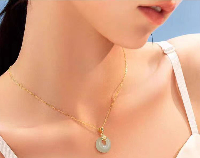 S925 Sterling Silver Hetian Jade Necklace for Women, Chinese Style with the Character for Fortune, Versatile Light Luxury Collarbone Chain, Elegant Gift Accessory, Jade