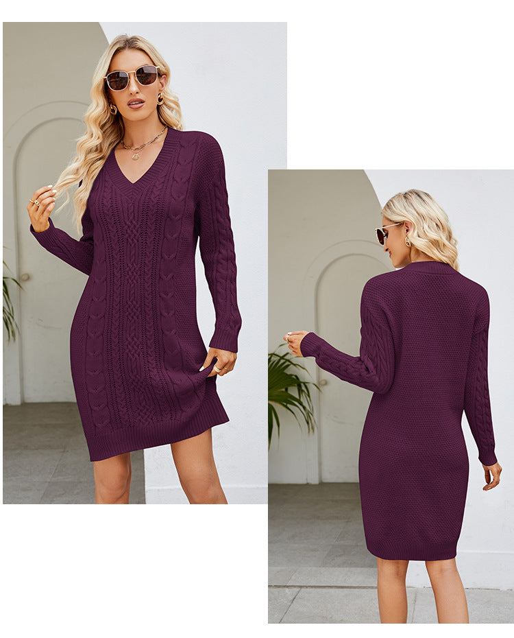 Cross-Border European and American Clothing Pure Color V Neck Long Sweater Dress Autumn and Winter Fashion Elegant Cable Bottoming Knitted Dress