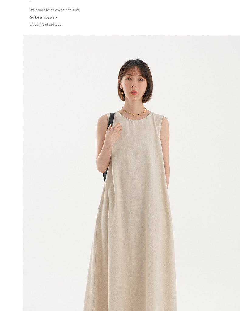 Korean Chic2026 Summer French Design Loose Backless Sleeveless Vest Dress Casual Age-Reducing Long Dress