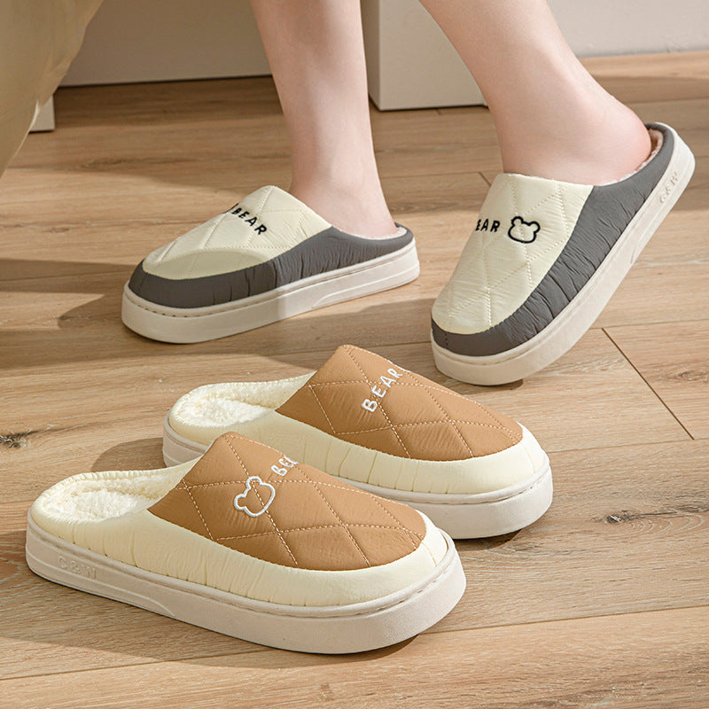 Winter Cotton Slippers for Women, Non-Slip, Warm and Velvet, Couple Style Indoor Cartoon Furry Shoes, Half-Pack Heel Home Shoes for Men