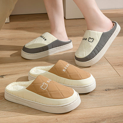Winter Cotton Slippers for Women, Non-Slip, Warm and Velvet, Couple Style Indoor Cartoon Furry Shoes, Half-Pack Heel Home Shoes for Men
