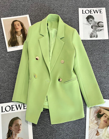 Green Metal Buckle Korean Style 2024 Spring and Autumn New Milk White Suit Jacket Women's Casual All-match High-end Suit