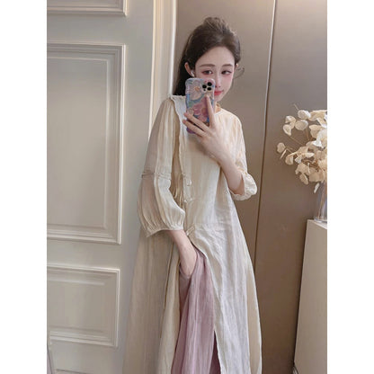 Summer New Style Quality Ramie Handmade Buckle Lace Lace Guofeng dress Double-Layer Skirt suit