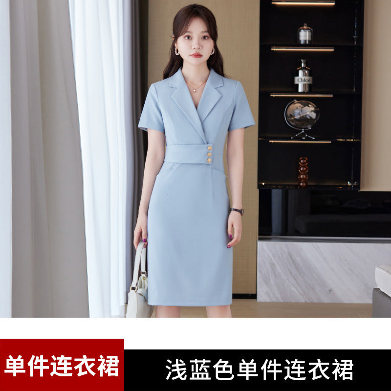 [Elegant Long Skirt] V-neck Short-sleeved dress High-end Work Clothes Mid-length Skirt Spring and Summer Business Wear Uniform