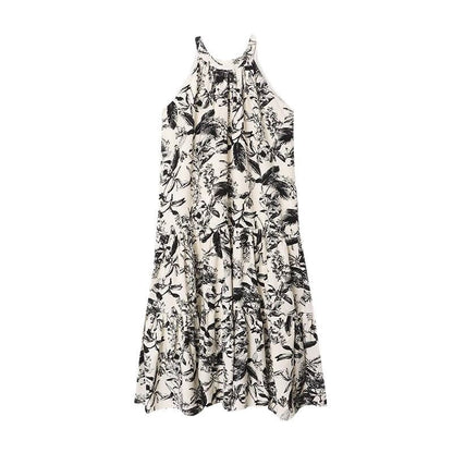 French Ink Print Sling dress Summer 2024 New Elegant Cool Beach Seaside Holiday Midi Dress
