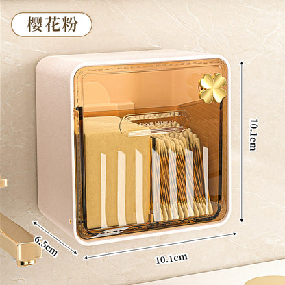 Cotton Swab Storage Box, Wall-Mounted, No-Drill, Elastic Band, Makeup Cotton, Makeup Remover Wipes Storage Box, Bathroom Hairpin Organizer Box