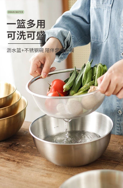Cross-border Stainless Steel Thickened Vegetable Washing Basin Draining Basket Household Kitchen Rice Washing Artifact Vegetable Washing Basin Rice Washing Sieve Rice Washing Basin