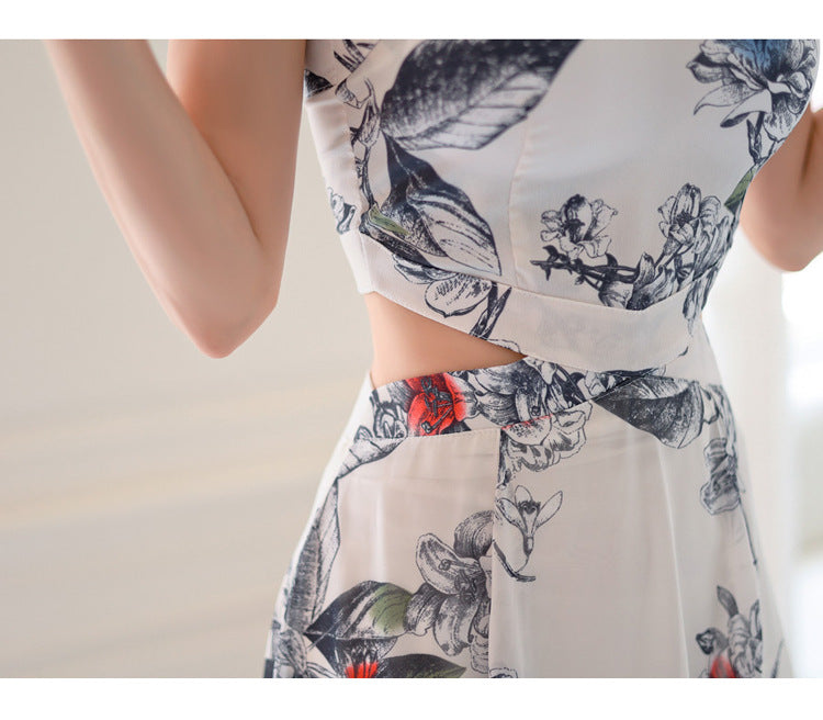 Foreign Trade Women's 2025 Summer New Temperament Sling Long Dress Fashion Waist Chiffon Printed Large Swing Dress dress
