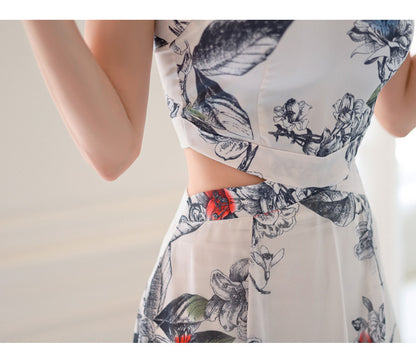 Foreign Trade Women's 2025 Summer New Temperament Sling Long Dress Fashion Waist Chiffon Printed Large Swing Dress dress