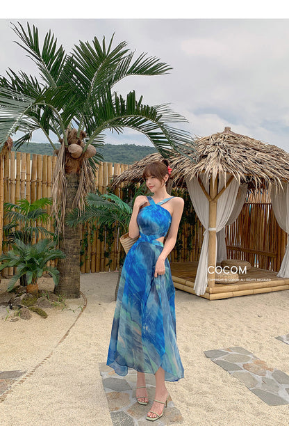 Foreign Trade Women's 2025 Summer New Temperament Sling Long Dress Fashion Waist Chiffon Printed Large Swing Dress dress