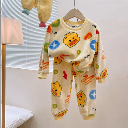 Men's and Women's Flannel Pajamas suit Autumn and Winter Middle and Big Children's Warm fleece-lined Thickened Autumn Clothes and Pants Home Clothes
