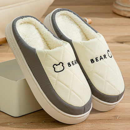 Winter Cotton Slippers for Women, Non-Slip, Warm and Velvet, Couple Style Indoor Cartoon Furry Shoes, Half-Pack Heel Home Shoes for Men