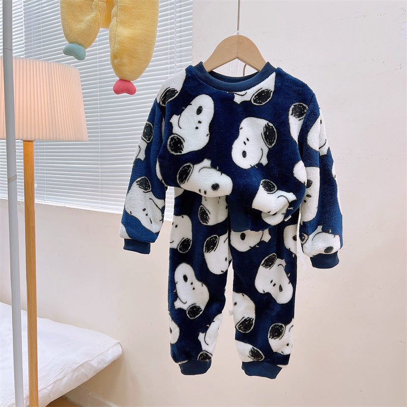 Men's and Women's Flannel Pajamas suit Autumn and Winter Middle and Big Children's Warm fleece-lined Thickened Autumn Clothes and Pants Home Clothes